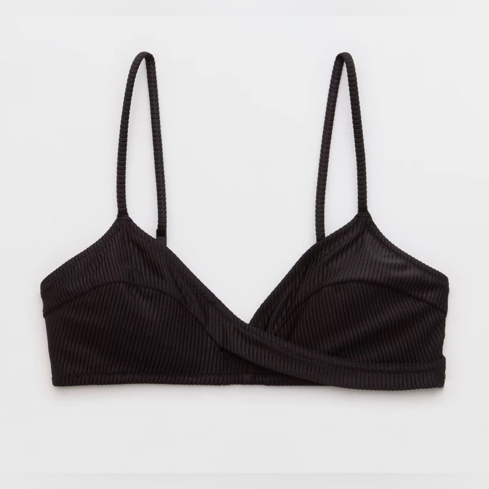 NWT Aerie Shine Rib Twist Scoop Bikini Top in Black - Size XS